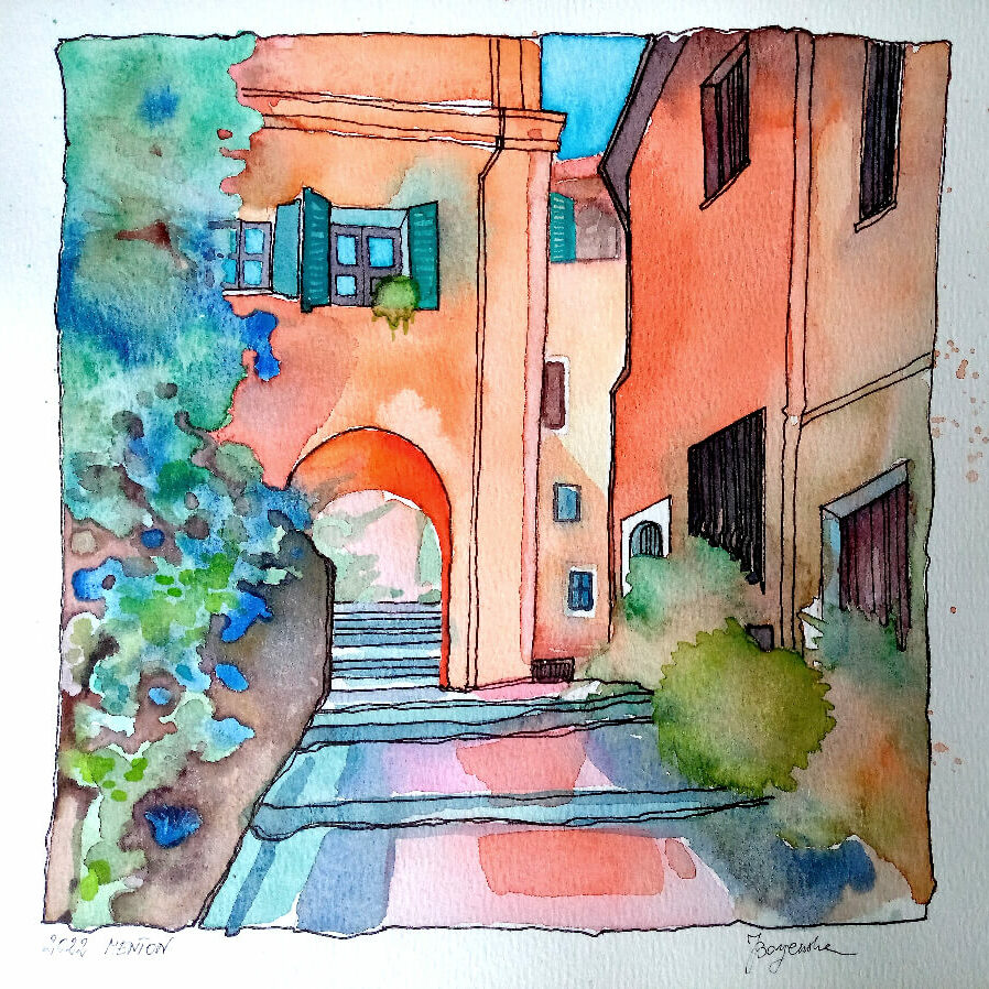 Paysage de la ville de Menton en aquarelle