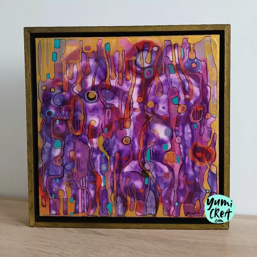 extrêmophile 1 petit tableau contemporain violet 30cm x 30cm encadré et signé