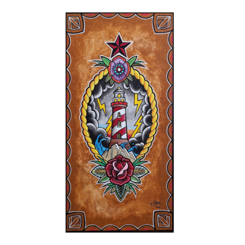 phare tempétueux peinture tableau inspiré par le tatouage old school
