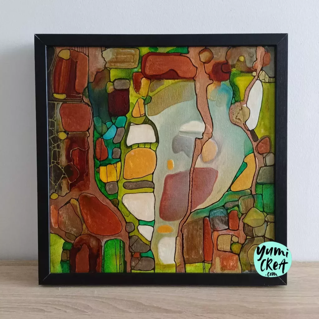 source petit tableau abstrait 30cm x 30cm encadré et signé