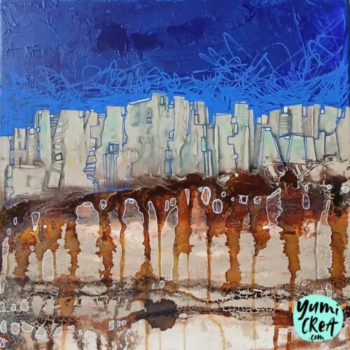 Écho d'un monde oublié petit tableau paysage futuriste post apocalyptique 30 cm x 30cm encadré