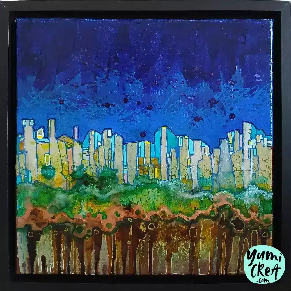 petit tableau ville radioactive 30 cm x 30cm