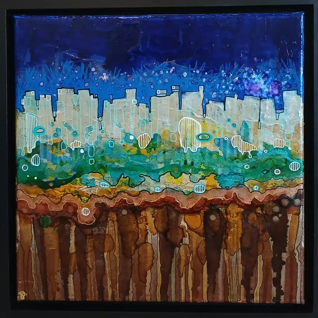 petit tableau urbain ciel atomique 30 cm x 30cm encadré