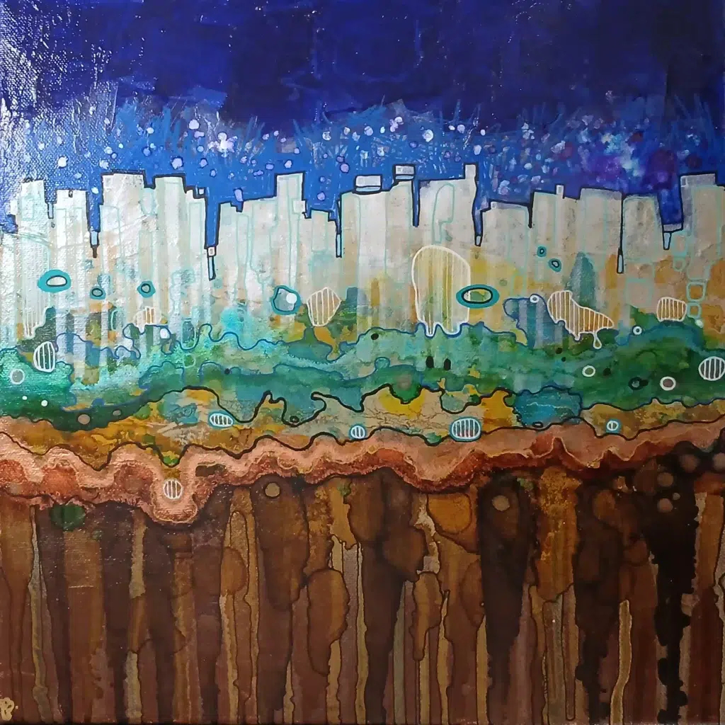 petit tableau urbain ciel atomique 30 cm x 30cm encadré