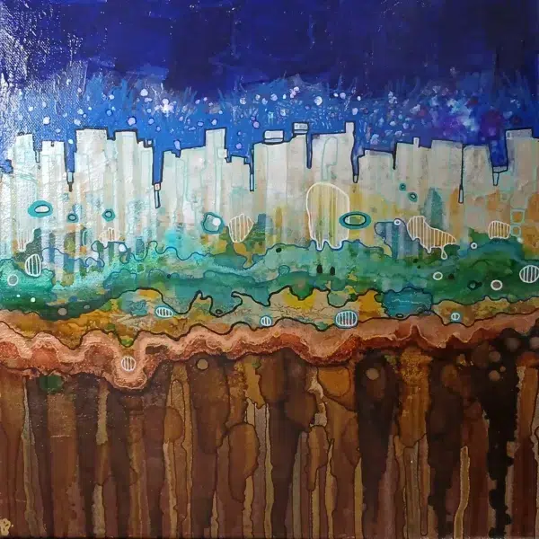 petit tableau urbain ciel atomique 30 cm x 30cm encadré