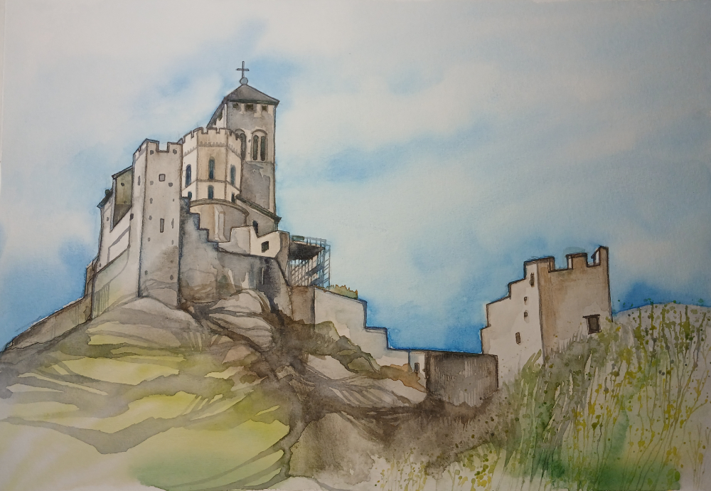 aquarelle château de valère à sion en suisse