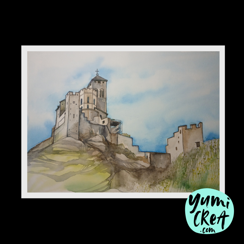 paysage aquarelle chateau de valere sion suisse