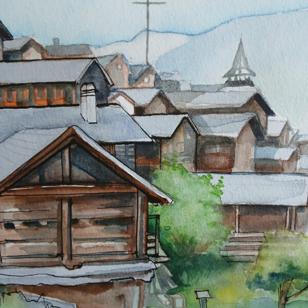 aquarelle de grimentz – paysage suisse authentique 20 x 30 cm