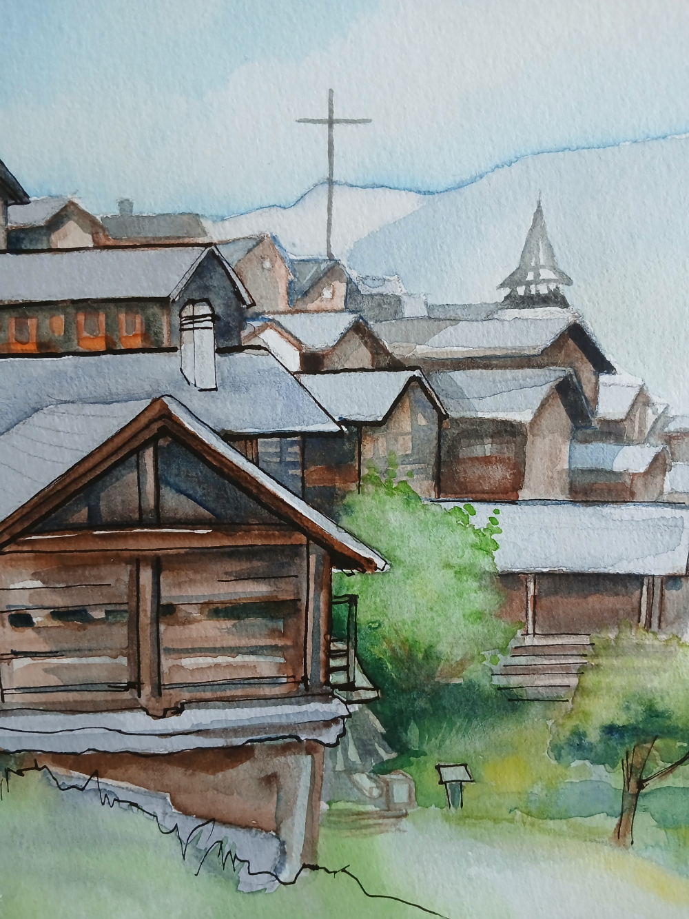 aquarelle de grimentz – paysage suisse authentique 20 x 30 cm