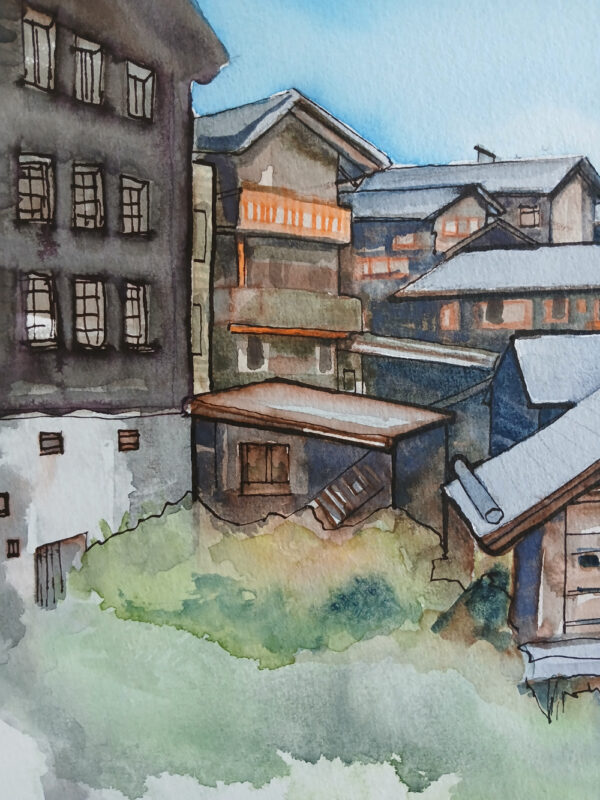 aquarelle de grimentz – paysage suisse authentique 20 x 30 cm