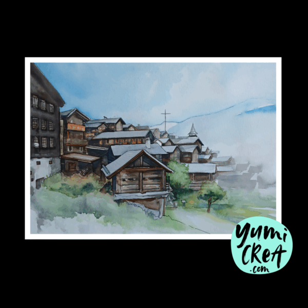 aquarelle de grimentz – paysage suisse authentique dans les alpes valaisannes